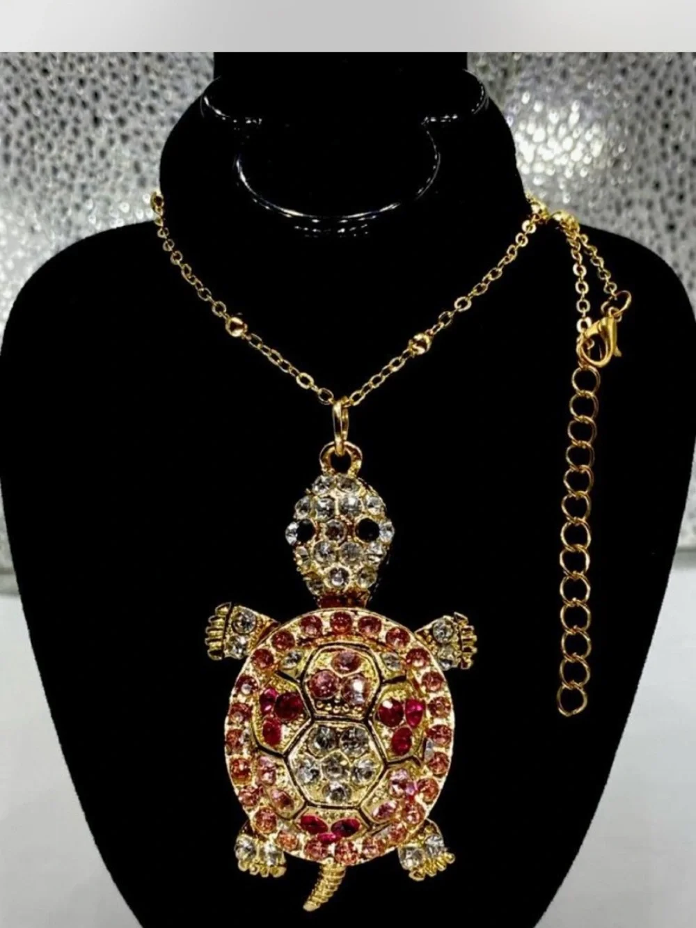 Ladies ^^^ Gold Turtle 3d 3”  Pendant Necklace ^^^ Iced Pink /  Red Crystals *^*